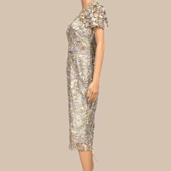 Marchesa Notte Ice Bell Bloom Sheath Crochet Overlay Dress Muted Blue Sz 8 - Picture 5 of 10